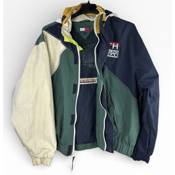 VINTAGE Tommy Hilfiger Sailing Gear Colorblock 90s Jacket Mens XL Green Navy - Picture 4 of 16